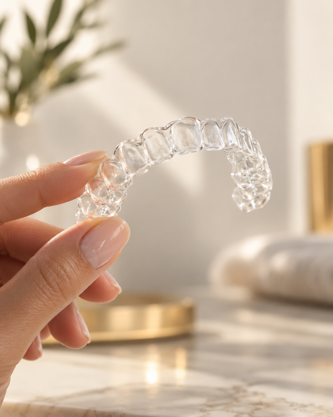 Close-up of a transparent clear aligner